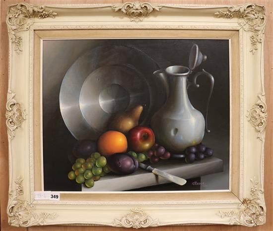 Reekie, oil on canvas, still life of fruit and pewter vessels, signed, 44 x 65cm.